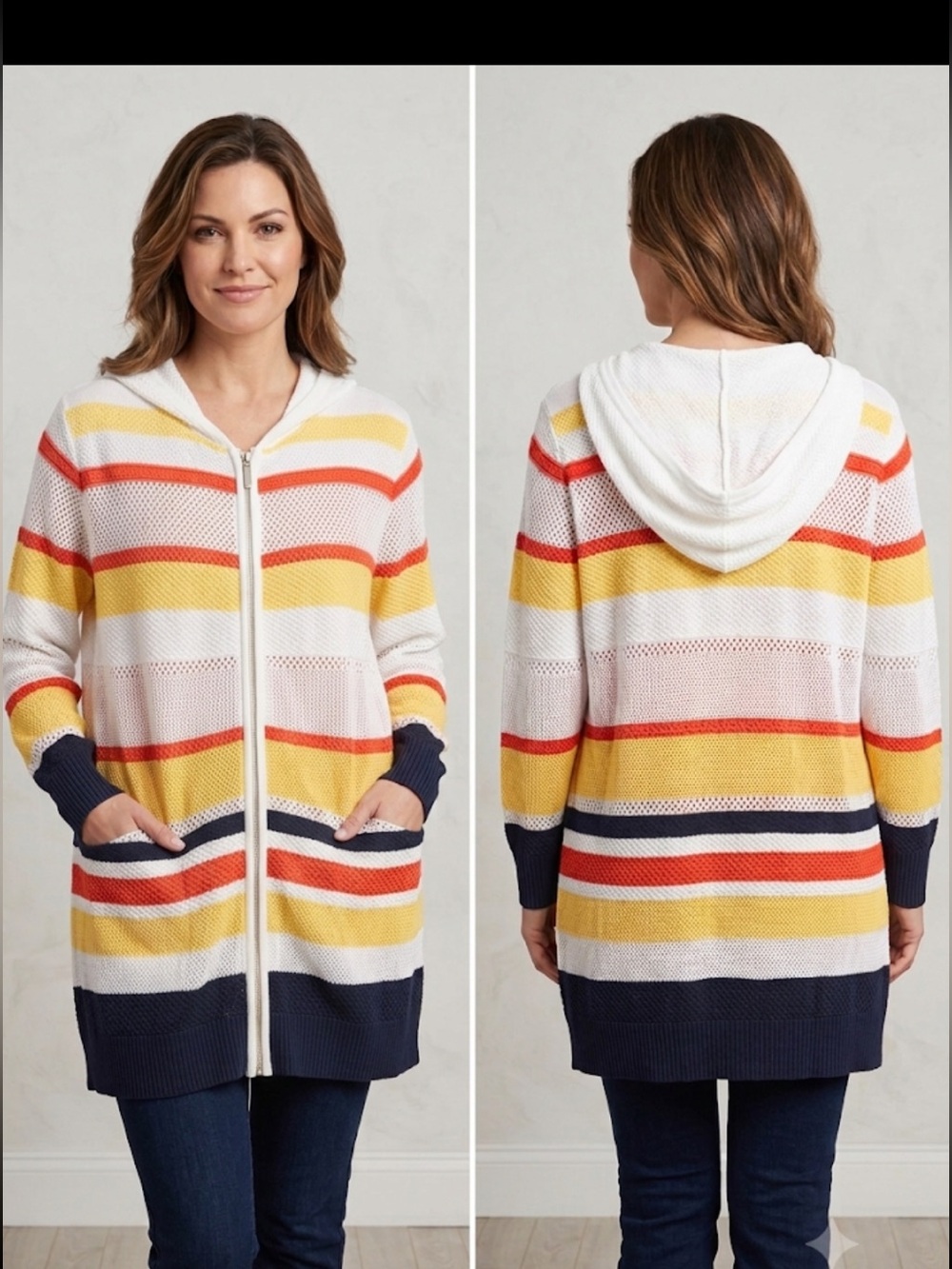 Striped Hooded Zip Cardigan - Yellow, Red, Navy, White